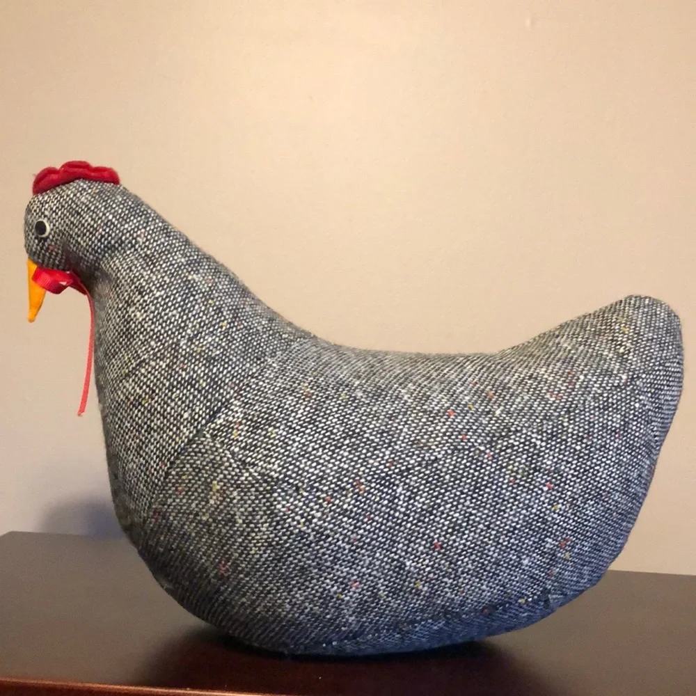 Vintage Estate Handmade Tweed Fabric Stuffed Hen + Wicker Basket